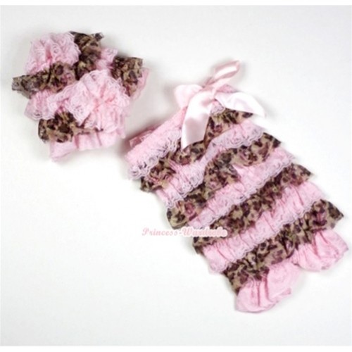 Light Pink Brown Leopard Lace Petti Rompers with Lace Hat Set RH92 