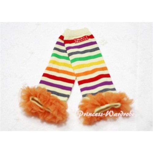 Newborn Baby Rainbow Stripes Leg Warmers Leggings with Orange Ruffles LG41 