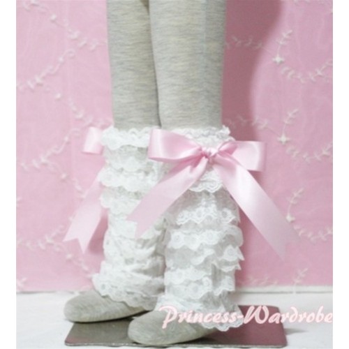 Baby Cream White Lace Leg Warmers Leggings with Pink Ribbon LG77 
