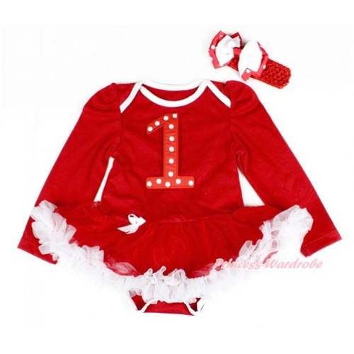 Red Long Sleeve Baby Bodysuit Jumpsuit Red White Pettiskirt With 1st Red White Dots Bithday Number Print Red Headband White Minnie Dots Ribbon Bow JS2397 
