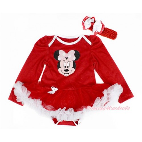Red Long Sleeve Baby Bodysuit Jumpsuit Red White Pettiskirt With Light Pink Minnie Print Red Headband White Minnie Dots Ribbon Bow JS2399 