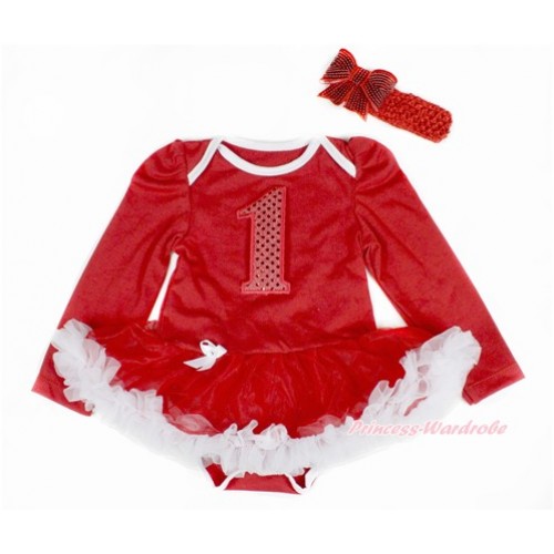 Red Long Sleeve Baby Bodysuit Jumpsuit Red White Pettiskirt With 1st Sparkle Red Birthday Number Print Red Headband Sparkle Red Bow JS2404 