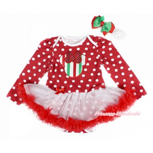 Minnie Dots Long Sleeve Baby Bodysuit Jumpsuit White Red Pettiskirt With Red White Green Striped Minnie Print & White Headband Kellty Green Red Ribbon Bow JS2411 
