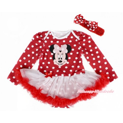 Minnie Dots Long Sleeve Baby Bodysuit Jumpsuit White Red Pettiskirt With Light Pink Minnie Print & Red Headband Minnie Dots Satin Bow JS2417 