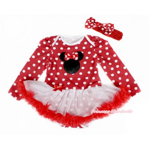 Minnie Dots Long Sleeve Baby Bodysuit Jumpsuit White Red Pettiskirt With Minnie Print & Red Headband Minnie Dots Satin Bow JS2418 