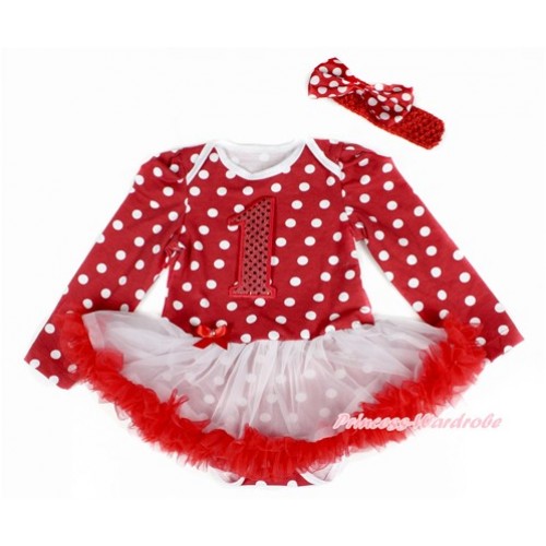 Minnie Dots Long Sleeve Baby Bodysuit Jumpsuit White Red Pettiskirt With 1st Sparkle Red Birthday Number Print & Red Headband Minnie Dots Satin Bow JS2419 