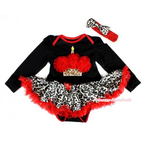 Black Long Sleeve Baby Bodysuit Jumpsuit Leopard Red Pettiskirt With Red Rosettes Leopard Birthday Cake Print & Red Headband Leopard Satin Bow JS2431 