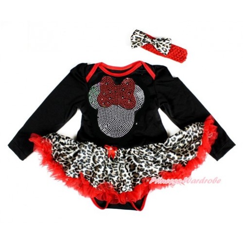 Black Long Sleeve Baby Bodysuit Jumpsuit Leopard Red Pettiskirt With Sparkle Crystal Bling Red Minnie Print & Red Headband Leopard Satin Bow JS2432 