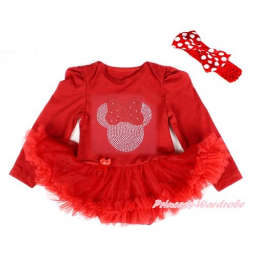 Red Long Sleeve Baby Bodysuit Jumpsuit Red Pettiskirt With Sparkle Crystal Bling Red Minnie Print & Red Headband Minnie Dots Satin Bow JS2441 
