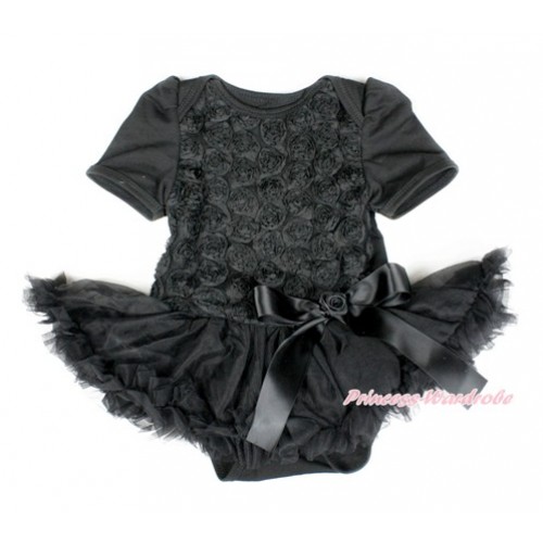 Valentine's Day Black Romantic Rose Baby Bodysuit Jumpsuit Black Pettiskirt & Black Bow JS2445 