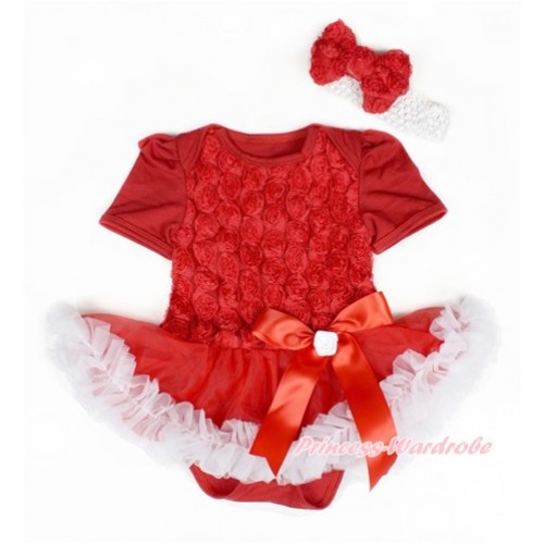Valentine's Day Red Romantic Rose Baby Bodysuit Jumpsuit Red White Pettiskirt & Red Bow With White Headband Red Rose Bow JS2447 