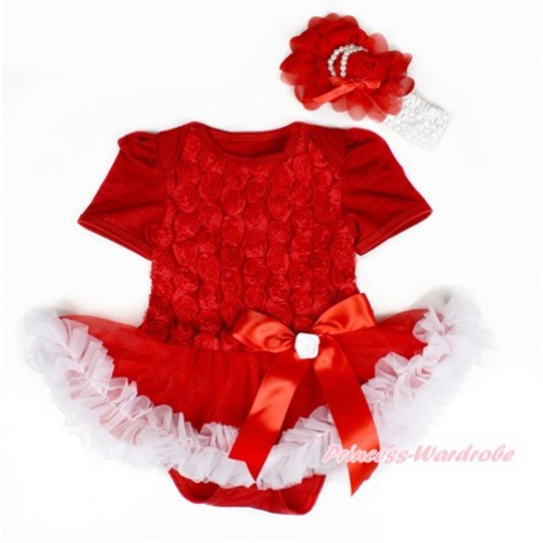 Valentine's Day Red Romantic Rose Baby Bodysuit Jumpsuit Red White Pettiskirt & Red Bow With White Headband Red Chiffon Roes  JS2448 