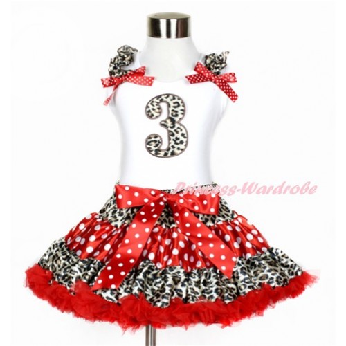 White Tank Top with 3rd Leopard Birthday Number Print with Leopard Ruffles & Minnie Dots Bows With Leopard Minnie Dots Red Pettiskirt MG837 