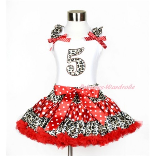 White Tank Top with 5th Leopard Birthday Number Print with Leopard Ruffles & Minnie Dots Bows With Leopard Minnie Dots Red Pettiskirt MG839 