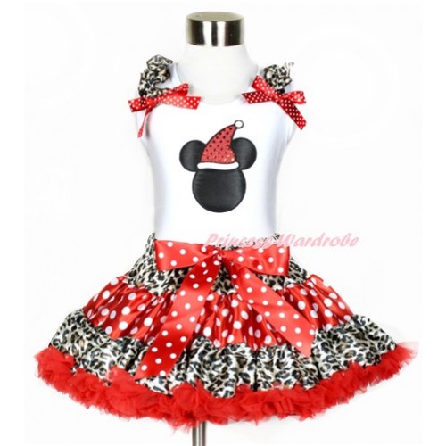 Xmas White Tank Top with Christmas Minnie Print with Leopard Ruffles & Minnie Dots Bows With Leopard Minnie Dots Red Pettiskirt MG844 