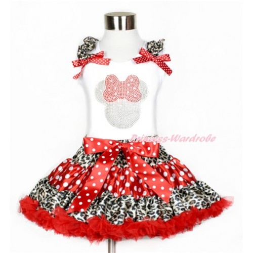 White Tank Top with Rhinestone Sparkle Crystal Bling Red Minnie Print with Leopard Ruffles & Minnie Dots Bows With Leopard Minnie Dots Red Pettiskirt MG849 