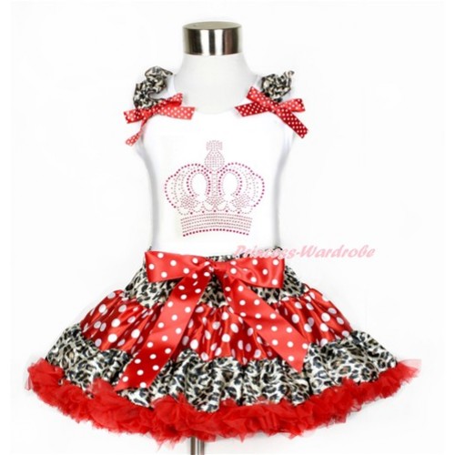 White Tank Top with Rhinestone Sparkle Crystal Bling Crown Print with Leopard Ruffles & Minnie Dots Bows With Leopard Minnie Dots Red Pettiskirt MG851 