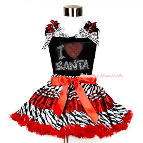 Black Tank Top with Sparkle Crystal Bling Rhinestone I Love Santa Print with Red Black Checked Ruffles & Zebra Bows With Zebra Red Black Checked Pettiskirt MG854 