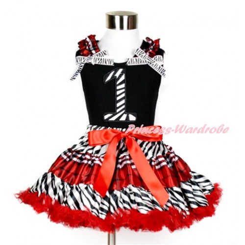 Black Tank Top with 1st Zebra Birthday Number Print with Red Black Checked Ruffles & Zebra Bows With Zebra Red Black Checked Pettiskirt MG855 