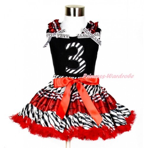 Black Tank Top with 3rd Zebra Birthday Number Print with Red Black Checked Ruffles & Zebra Bows With Zebra Red Black Checked Pettiskirt MG857 
