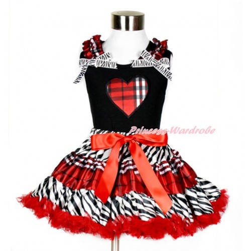 Black Tank Top with Red Black Checked Heart Print with Red Black Checked Ruffles & Zebra Bows With Zebra Red Black Checked Pettiskirt MG860 