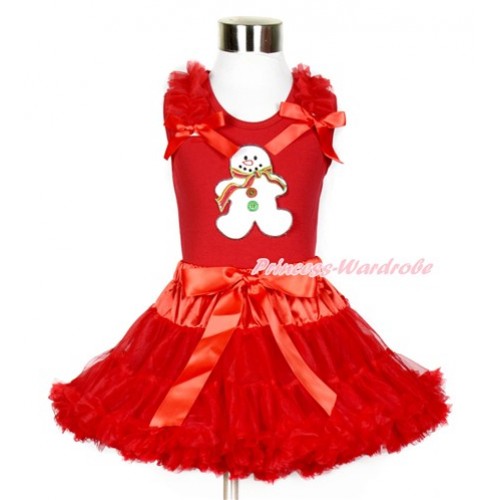 Xmas Red Tank Top with Christmas Gingerbread Snowman Print with Red Ruffles & Red Bows With Red Pettiskirt CM172 