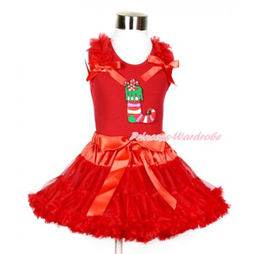 Xmas Red Tank Top with Christmas Stocking Print with Red Ruffles & Red Bows With Red Pettiskirt CM174 