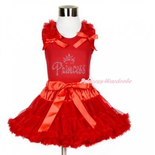 Red Tank Top with Rhinestone Sparkle Crystal Bling Princess Print with Red Ruffles & Red Bows With Red Pettiskirt CM177 