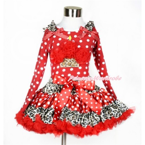 Leopard Minnie Dots Red Pettiskirt with Red Rosettes Leopard Birthday Cake Print Minnie Dots Long Sleeve Top with Leopard Ruffles and Minnie Dots Bow MW378 