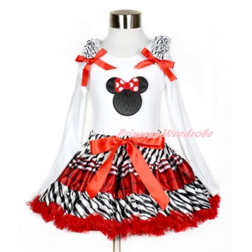 Zebra Red Black Check Pettiskirt with Minnie Print White Long Sleeve Top with Zebra Ruffles and Red Bow MW385 