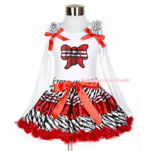 Zebra Red Black Check Pettiskirt with Red Black Check Butterfly Print White Long Sleeve Top with Zebra Ruffles and Red Bow MW388 