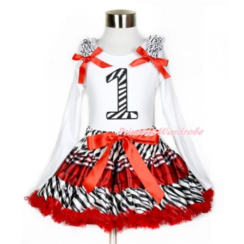 Red Black Check Pettiskirt with 1st Zebra Birthday Number Print White Long Sleeve Top with Zebra Ruffles and Red Bow MW390 