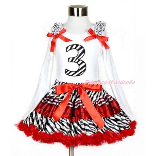 Red Black Check Pettiskirt with 3rd Zebra Birthday Number Print White Long Sleeve Top with Zebra Ruffles and Red Bow MW392 