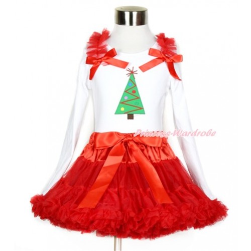 Xmas Red Pettiskirt with Christmas Tree Print White Long Sleeve Top with Red Ruffles & Red Bow MW400 