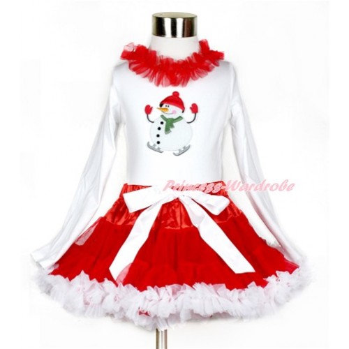 Xmas Red White Pettiskirt with Ice-Skating Snowman Print White Long Sleeve Top with Red Lacing MW401 