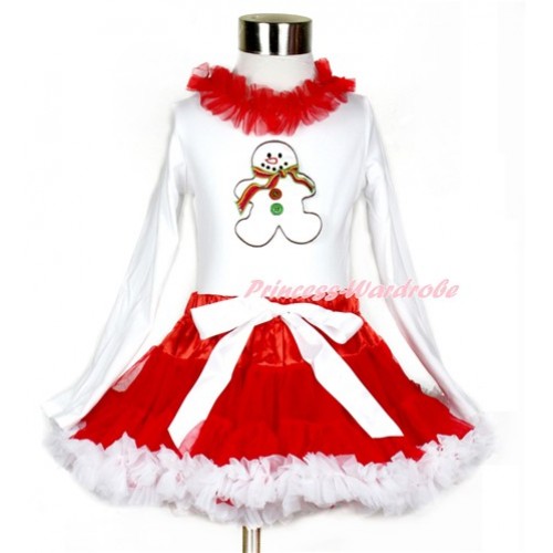 Xmas Red White Pettiskirt with Christmas Gingerbread Snowman Print White Long Sleeve Top with Red Lacing MW402 