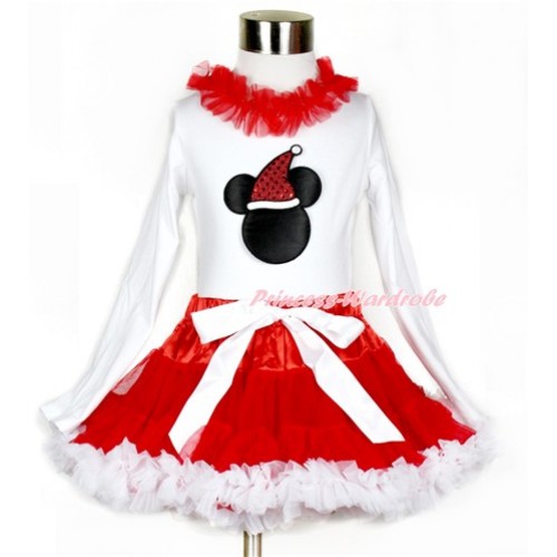 Xmas Red White Pettiskirt with Christmas Minnie Print White Long Sleeve Top with Red Lacing MW403 