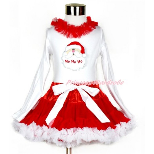 Xmas Red White Pettiskirt with Santa Claus Print White Long Sleeve Top with Red Lacing MW404 