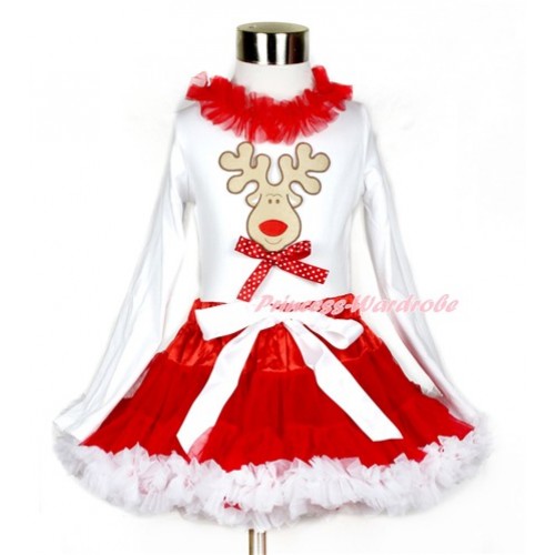 Xmas Red White Pettiskirt with Christmas Reindeer & Minnie Dots Bow Print White Long Sleeve Top with Red Lacing MW406 
