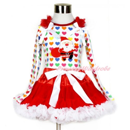 Xmas Red White Pettiskirt with Gift Bag Santa Claus Print Rainbow Heart Long Sleeve Top with Red Ruffles & White Bow MW408 
