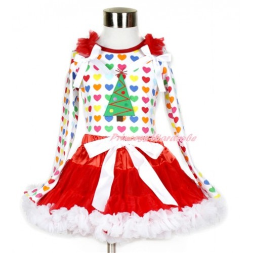 Xmas Red White Pettiskirt with Christmas Tree Print Rainbow Heart Long Sleeve Top with Red Ruffles & White Bow MW409 