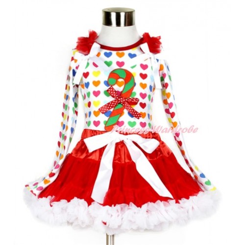 Xmas Red White Pettiskirt with Christmas Stick Print & Minnie Dots Bow Rainbow Heart Long Sleeve Top with Red Ruffles & White Bow MW410 