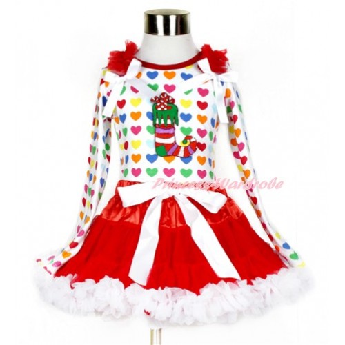 Xmas Red White Pettiskirt with Christmas Stocting Print Rainbow Heart Long Sleeve Top with Red Ruffles & White Bow MW411 