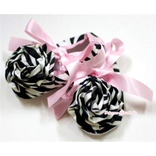 Zebra Crib Shoes with Light Pink Ribbon with Zebra Rose S484 