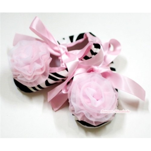 Zebra Crib Shoes with Light Pink Ribbon with Light Pink White Rose S488 