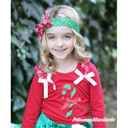 Xmas Red Long Sleeves Top with Christmas Stick Print & Minnie Dots Bow With Red Snowflakes Ruffles & White Bow TO305 