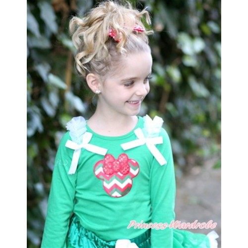 Kelly Green Long Sleeves Top with Red White Green Wave Minnie Print With White Ruffles & White Bow TO306 
