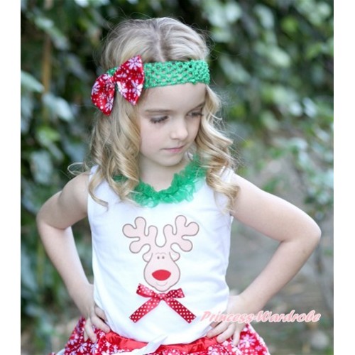 Xmas White Tank Top With Christmas Reindeer Print & Minnie Dots Bow With Kelly Green Lacing TB551 