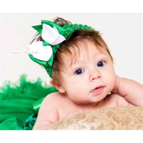 Green Headband with Green & White Ribbon Hair Bow Clip H469 