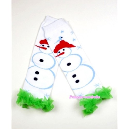 Newborn Baby White Snowman Leg Warmers Leggings with Dark Green Ruffles LG182 